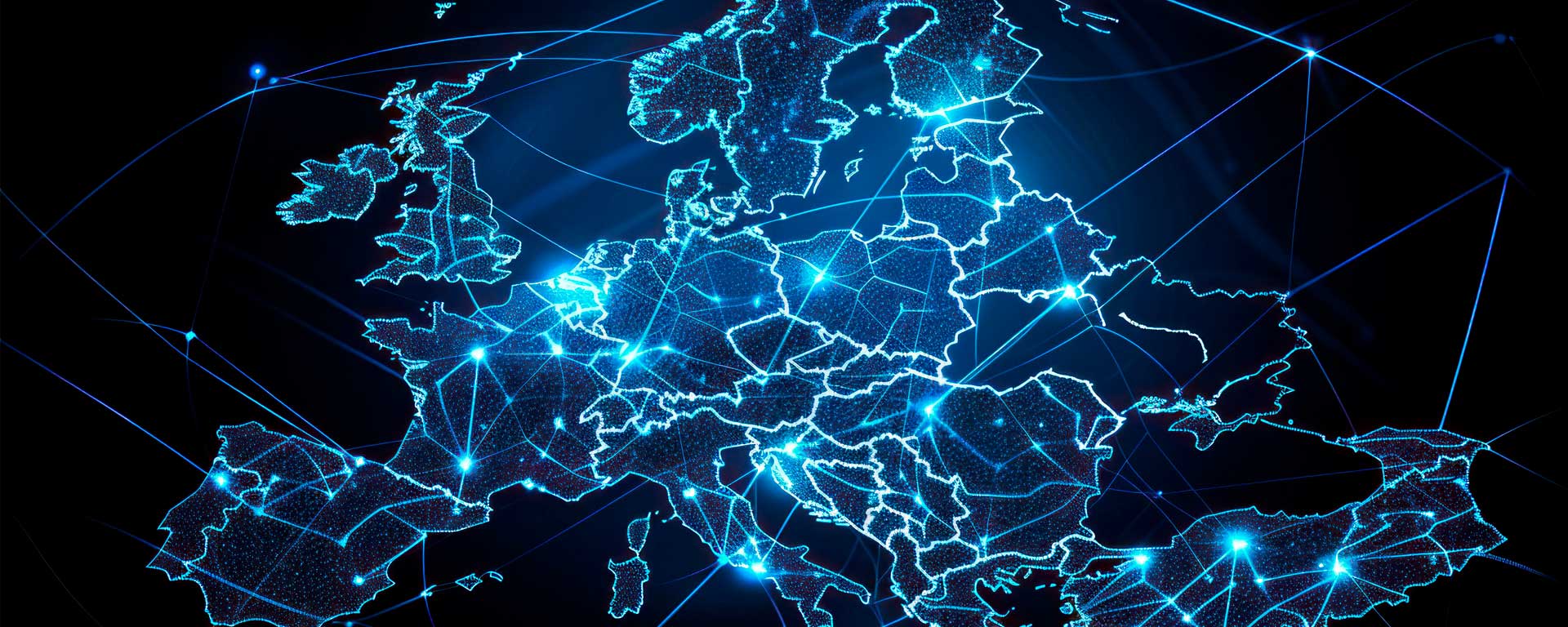 Mapa de Europa iluminado con conexiones digitales entre ciudades
