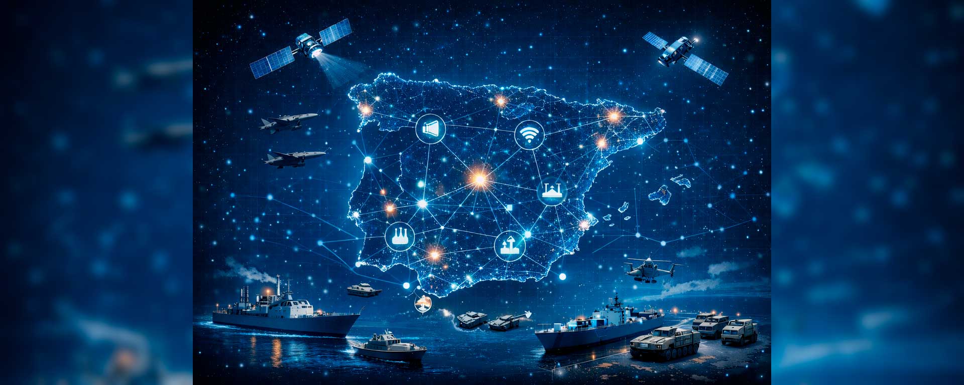 Mapa de España conectado digitalmente, rodeado de satélites, aviones, buques y vehículos militares