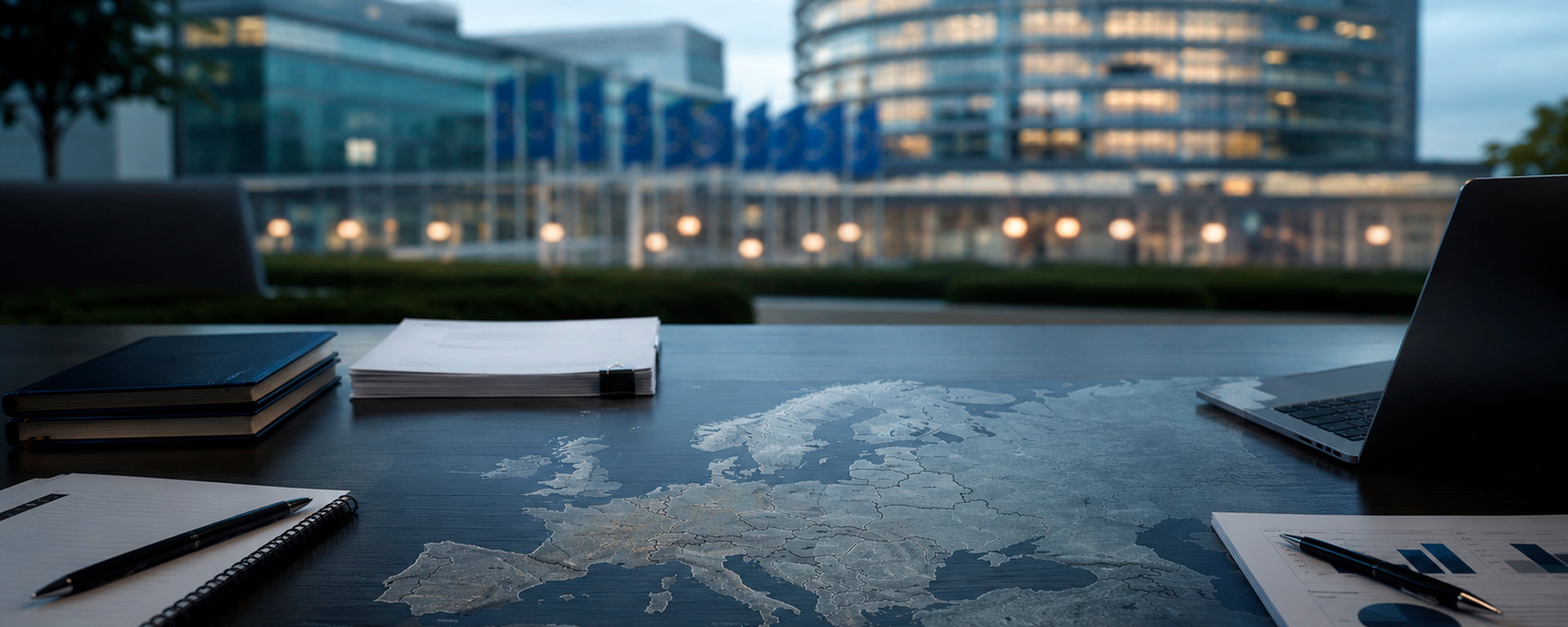 Mesa de trabajo con un mapa de Europa frente al Parlamento Europeo