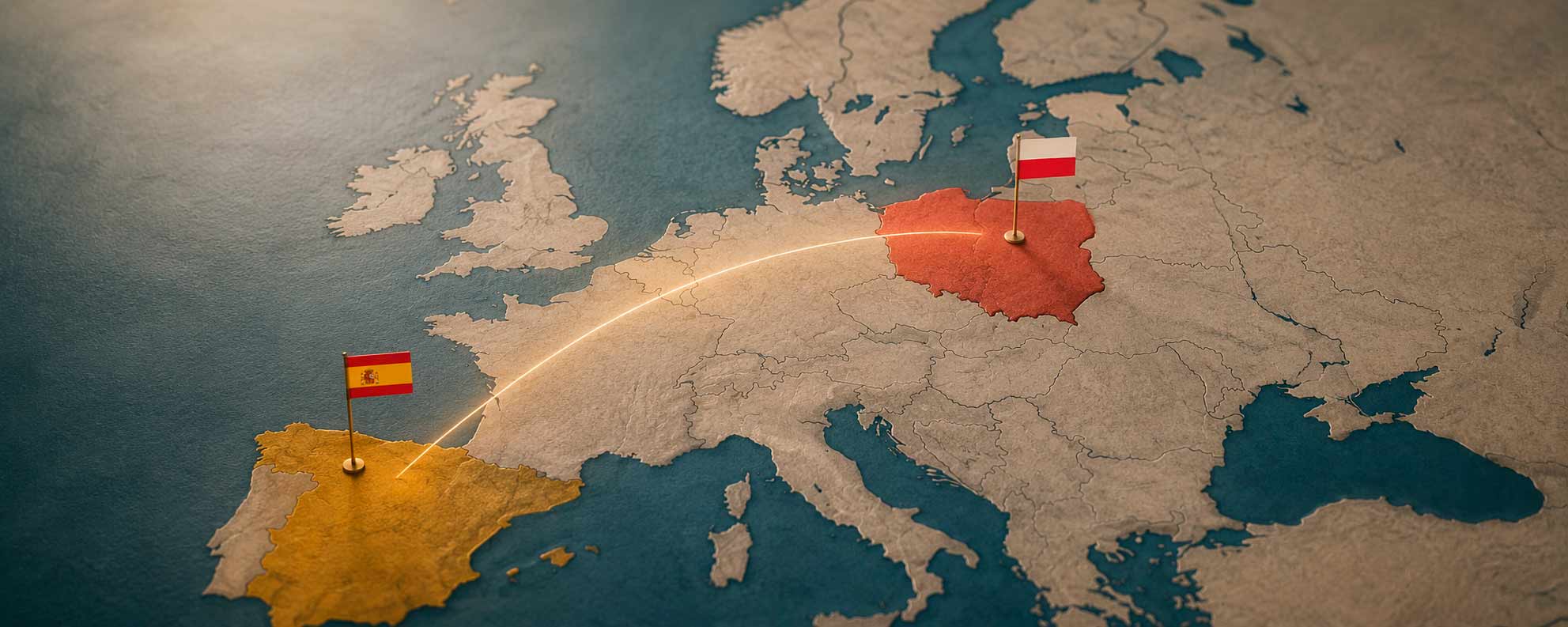 Mapa de Europa con las banderas de España y Polonia unidas por una línea