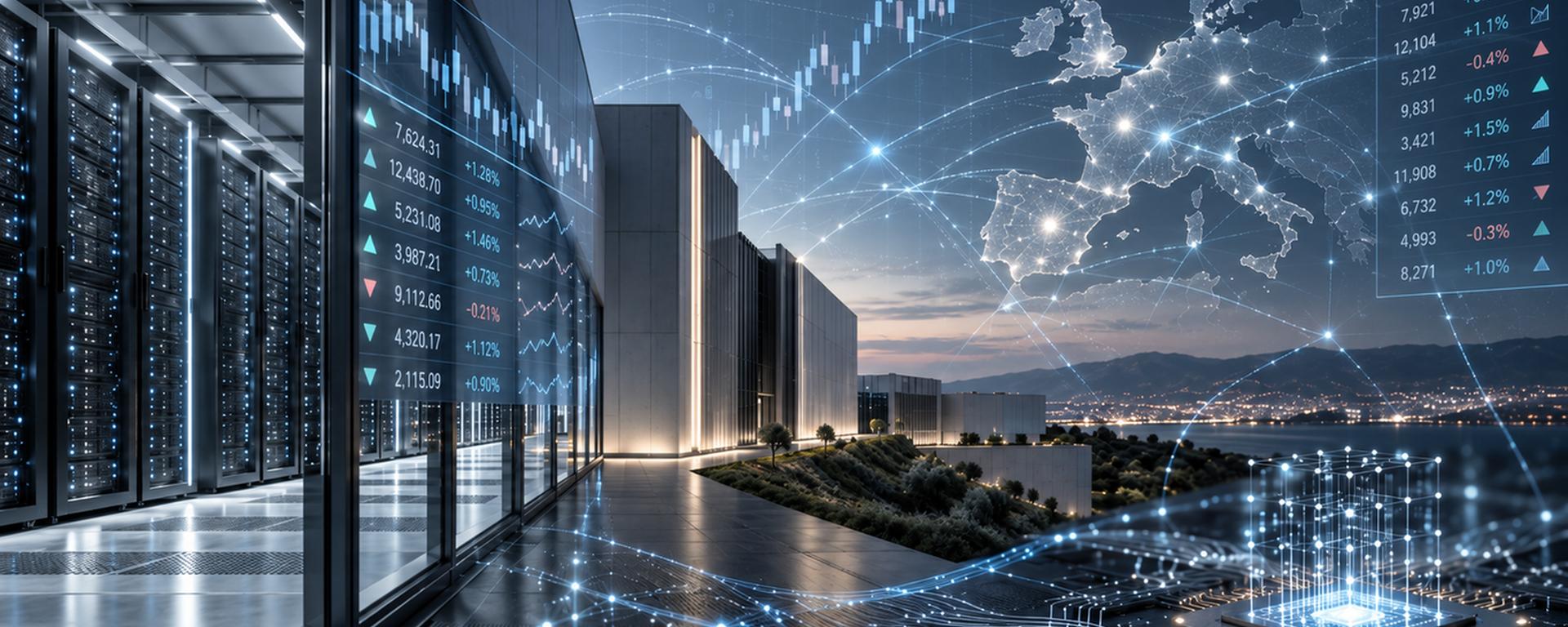 Centro de datos con gráficos de mercados financieros y un mapa de Europa interconectado